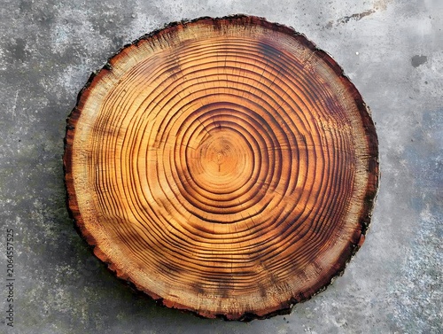 Close-up of circular wood slice showing tree rings, growth lines, and natural texture on grey background.