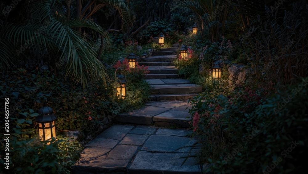 Naklejka premium Serene fantasy garden with glowing lanterns lighting a winding stone stairway