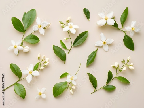 Collection of jasmine flowers and leaves scattered on neutral beige background.