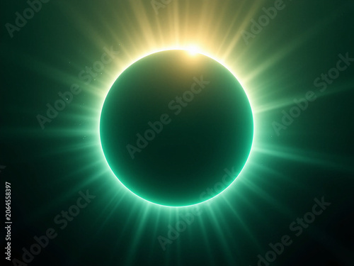 Ein intensiv strahlender, neongrüner Ring mit feinen Lichtstrahlen vor dunklem Hintergrund. KI Generiert