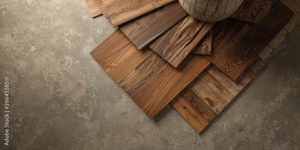 Fototapeta premium Wood flooring samples arranged on a concrete surface