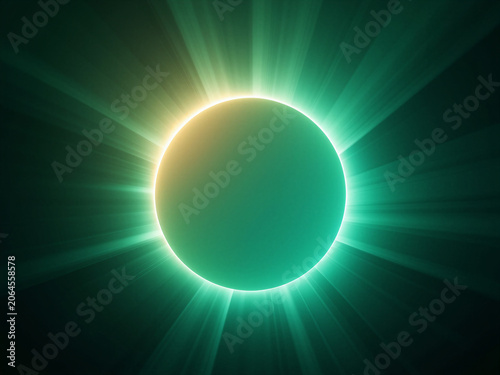 Ein intensiv strahlender, neongrüner Ring mit feinen Lichtstrahlen vor dunklem Hintergrund. KI Generiert