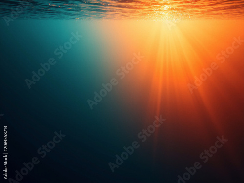 Ein abstrakter Sonnenuntergang mit einer Silhouette über einer dunklen Wasserfläche. KI Generiert