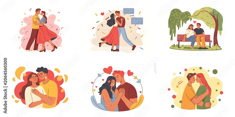Fototapeta premium Romantic couple illustrations diverse scenes of love and affection