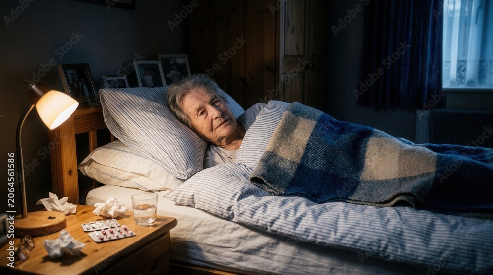 Fototapeta premium Elderly Woman Comfortably Resting In Bed At Night With Lamp On