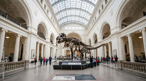 there is a large dinosaur skeleton in the middle of a museum