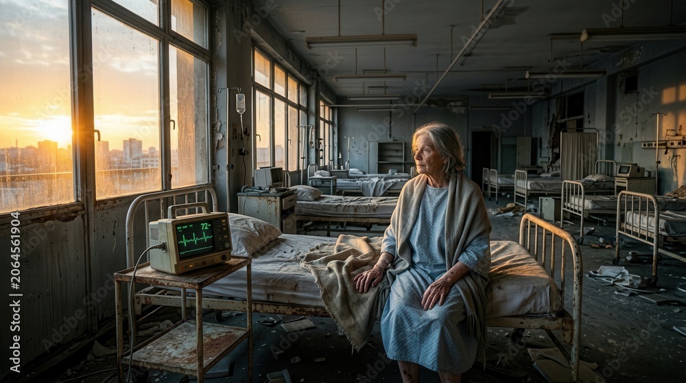 Fototapeta premium Elderly Woman Contemplating Life in Abandoned Hospital Room At Sunset