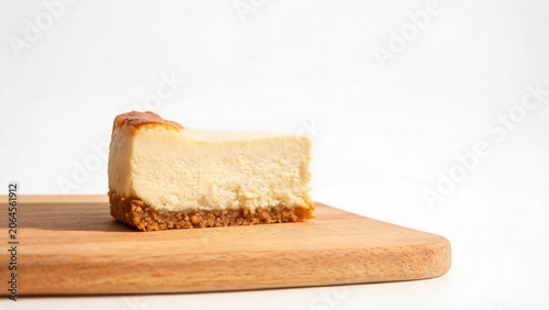 Slice of cheesecake on wooden board