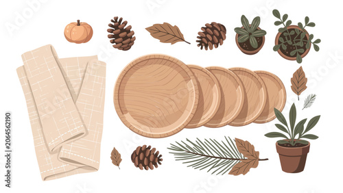 Charming autumn season flat lay collection of rustic table setting elements and natural decorative items, perfect for a cozy fall celebration or harvest festival design