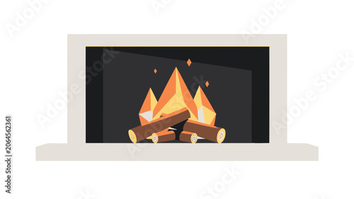 Cozy fireplace with burning logs and stylized orange flames providing warmth and comfort, perfect for home decor, winter nights, or relaxing ambiance in a minimalist illustration style