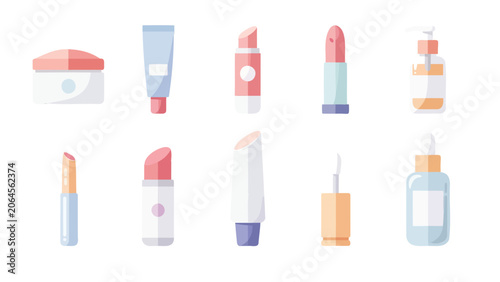 A curated collection of essential beauty and skincare products, including vibrant lipsticks, moisturizing creams, and nourishing serums, presented in a minimalist, flat illustration style