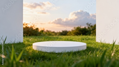 White circular platform on grass with sky backdrop
