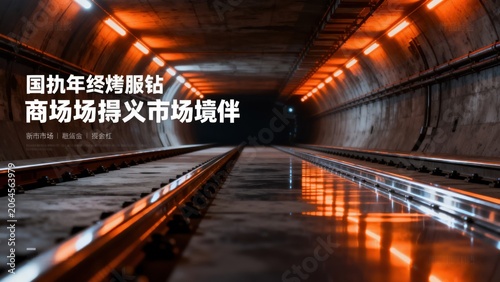 Railway tunnel with tracks and lights