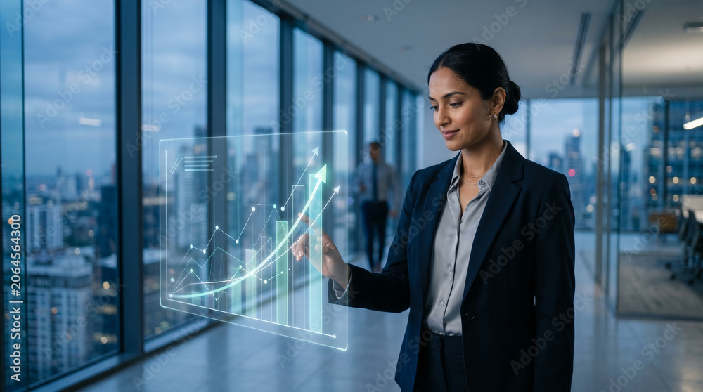 Fototapeta premium Businesswoman analyzing holographic growth graph in modern office with city view