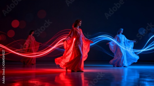Three women in flowing gowns with light trails