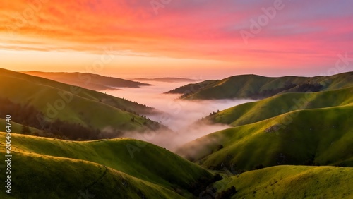 Rolling green hills at sunrise with fog