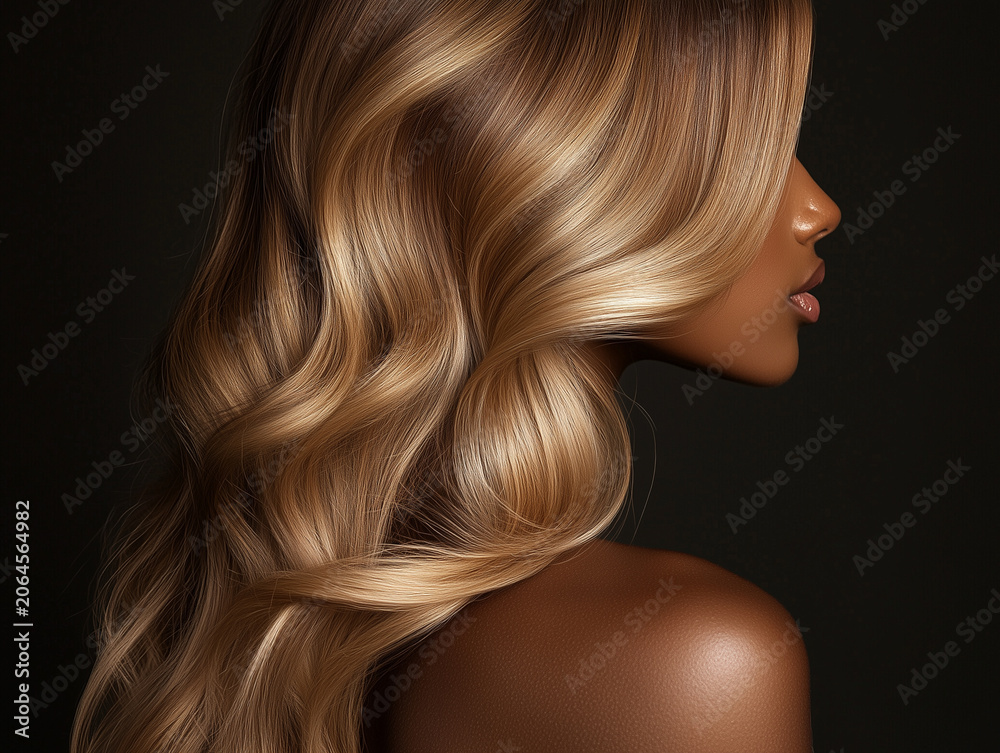 Naklejka premium Profile view of a woman with long shiny honey blonde wavy hair and dark skin on a black background
