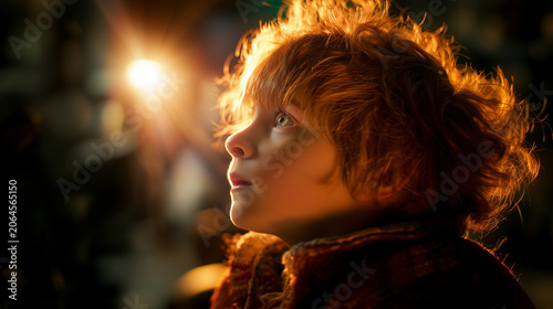 Side profile of a curious child looking up towards bright magical glowing light in the dark