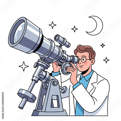 Person looking through telescope at moon and stars in the night sky.