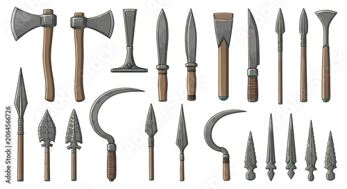 Collection of various antique metal weapons and tools arranged on a white background.