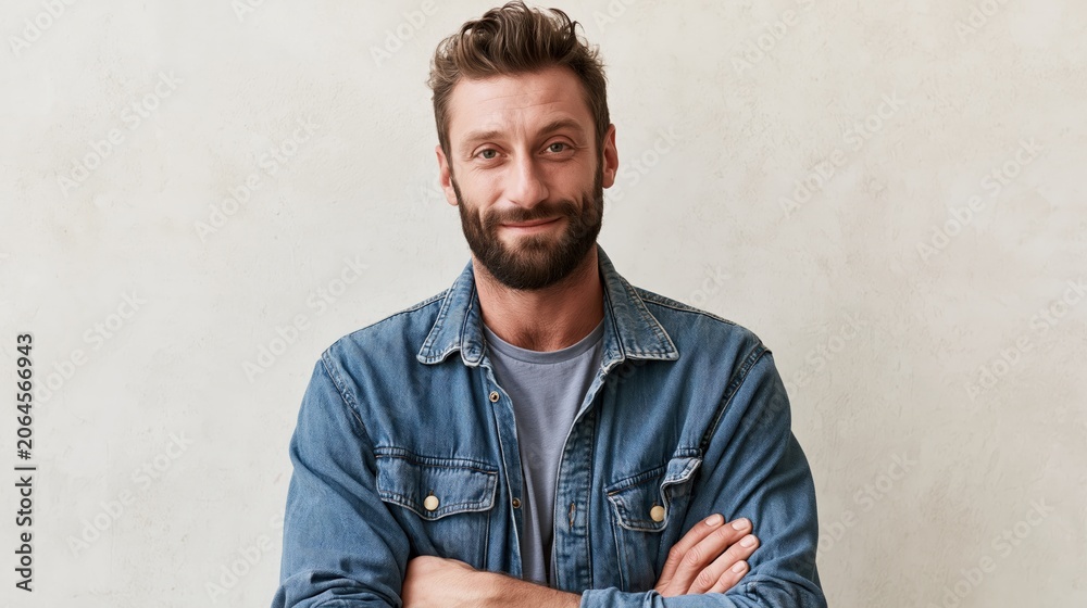 Obraz premium gen team lead young adult white athletic man smiling in denim jacket