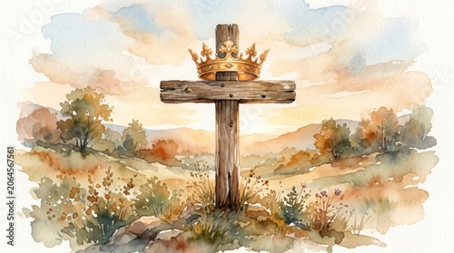 Wooden cross with golden crown on hill. Symbolic representation of resurrection and victory of faith. Christian religious artwork featuring watercolor landscape for Easter celebration.