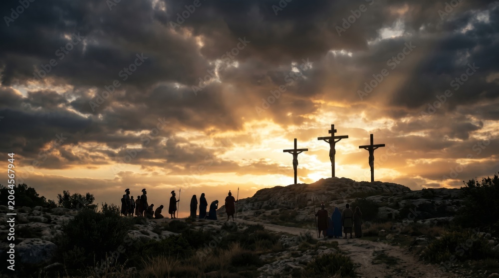 Obraz premium Silhouette of men and women standing near three crosses on a hill at sunset. Biblical scene depicting the crucifixion of Jesus Christ. Religious history and faith concept for Easter.