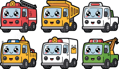 Fotografía Cute Kawaii Service Truck Collection with Fire Engine Dump Truck Tow Vehicle and