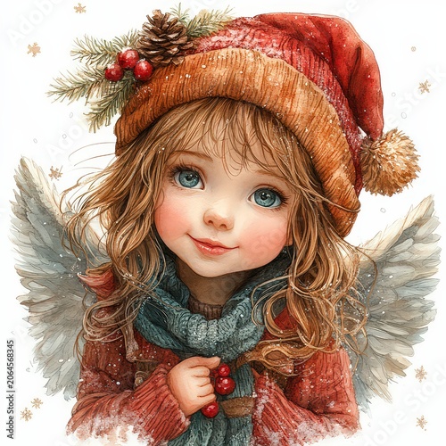 Christmas angel in watercolor style with delicate feather wings, in muted natural tones. Christmas, New Year