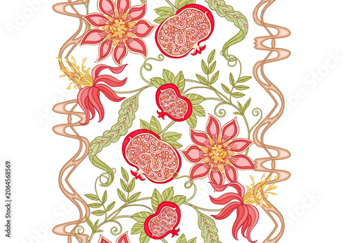Decorative pomegranate fruits and flowers in art nouveau style, vintage, old, retro style. Seamless pattern, background. Vector illustration.