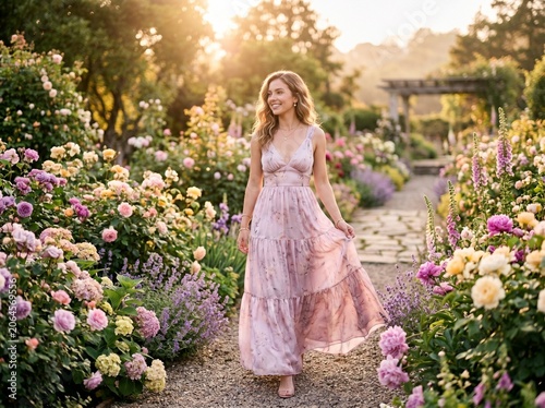 Beautiful Young Woman in a Flowy Lavender Maxi Dress Walking Through a Lush Summer Flower Garden during Golden Hour Sunset