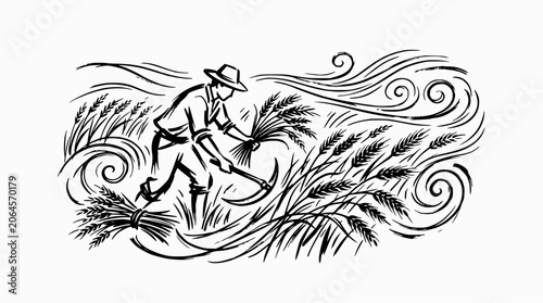 Quadro su tela Farmer harvesting wheat with scythe in rural field.