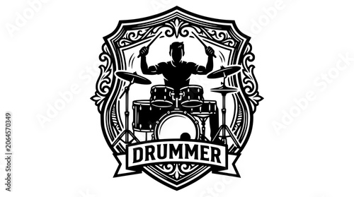 Fotografie Drummer silhouette music performance badge with decorative frame.