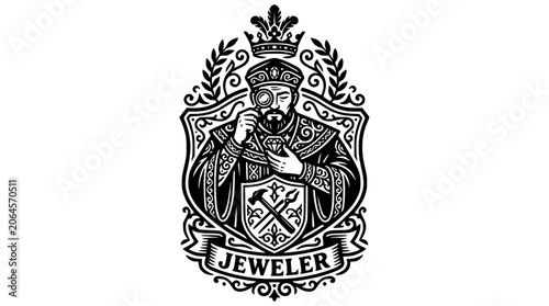 Tableau sur toile Ornate jeweler crest with royal figure and tools.