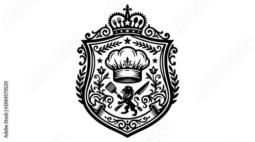 Heraldic chef crest with hat and lion emblem.