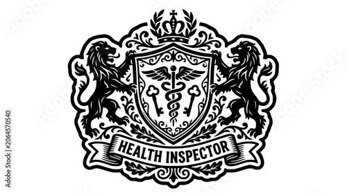 Elaborate Health Inspector crest with caduceus and lions.