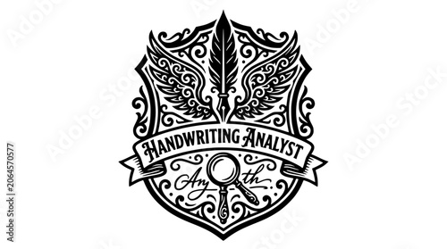 Handwriting analyst emblem with feather pen and magnifier