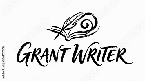 Grant Writer typography logo with quill icon.