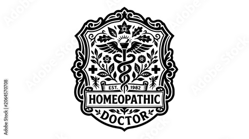 Homeopathic Doctor vintage emblem with caduceus and botanicals.