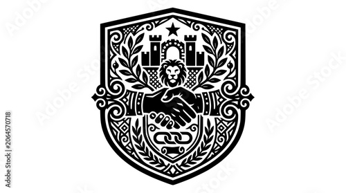 Handshake Shield Emblem with Lion and Fortress