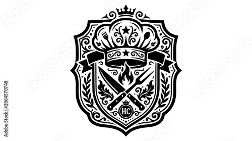 Culinary crest featuring crossed chef knives and crown.
