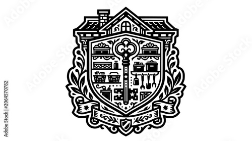 Ornate home organization crest with key and house.