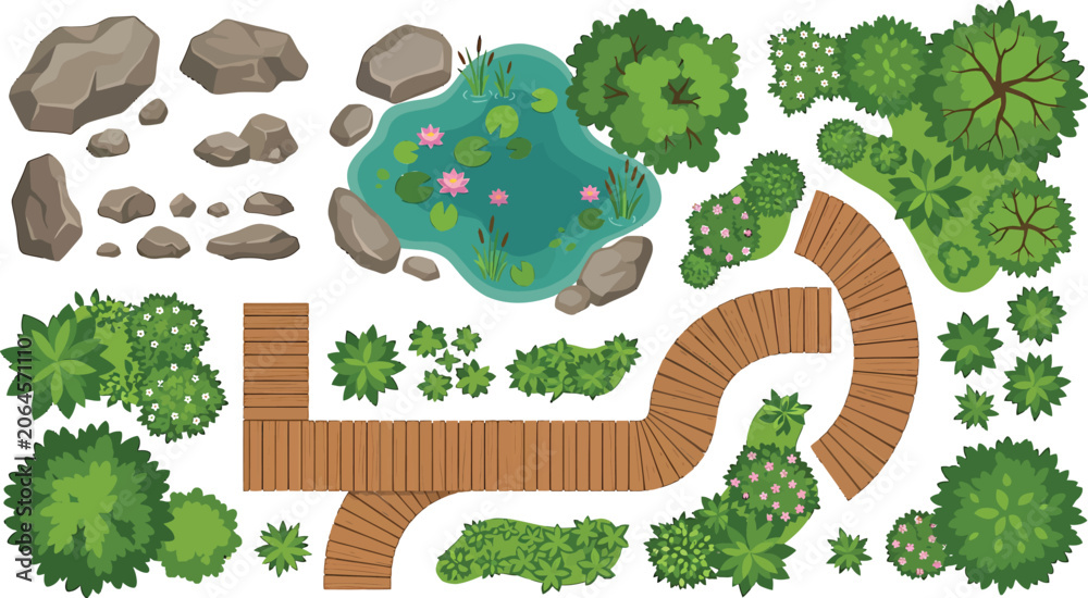 Naklejka premium Top view garden landscape elements with wooden path pond rocks and various trees for architectural site planning