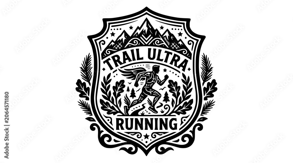 Fototapeta premium Trail ultra running crest with mountain and wings.
