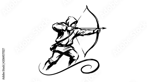 Foto Dynamic archer figure drawing a longbow in motion.