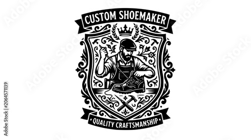 Foto Vintage custom shoemaker crest with cobbler at workbench.