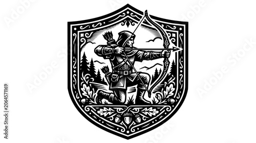Φωτογραφία Shield emblem with archer in forest hunting scene.