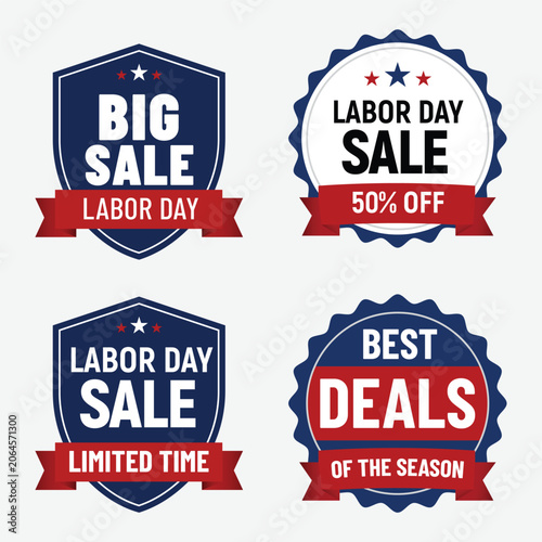 Labor Day sale badges, discount labels, promotional icons, big sale stickers