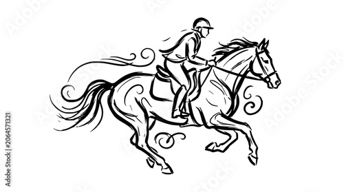 Photos Hand-drawn ink sketch of an equestrian horse rider.