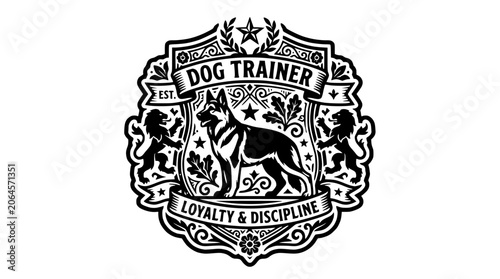Schilderij op canvas Dog trainer emblem with German Shepherd and shield.